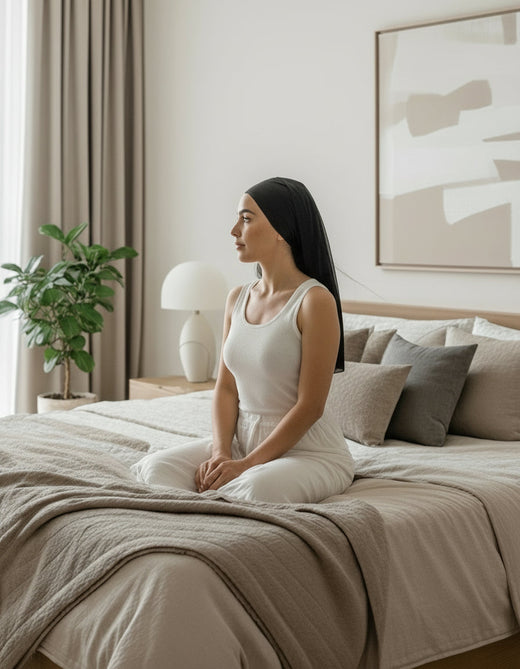 Doppellagige Seidenhaube Long aus Maulbeerseide getragen – Silk Couture