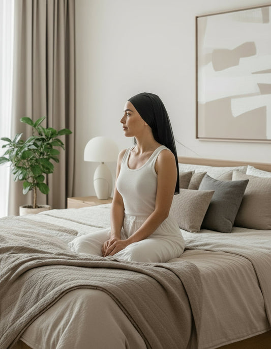 Doppellagige Seidenhaube Long aus Maulbeerseide getragen – Silk Couture